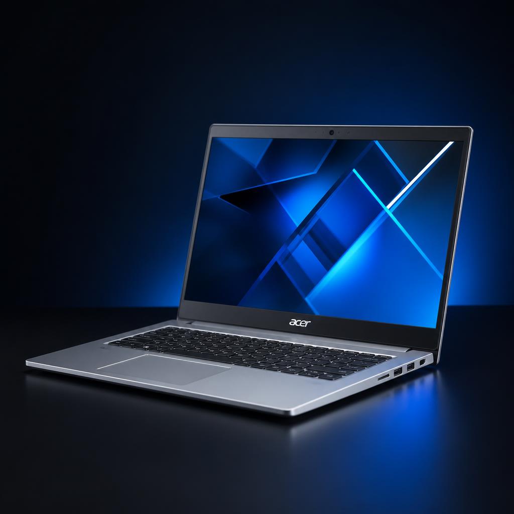 Notebook Acer prata aberto com tela azul