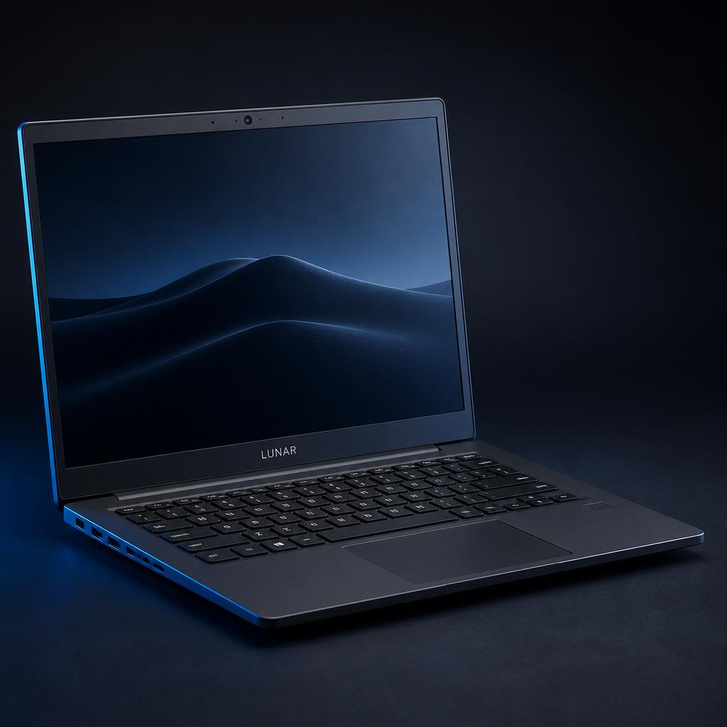 Notebook Dell cinza aberto com iluminação azul