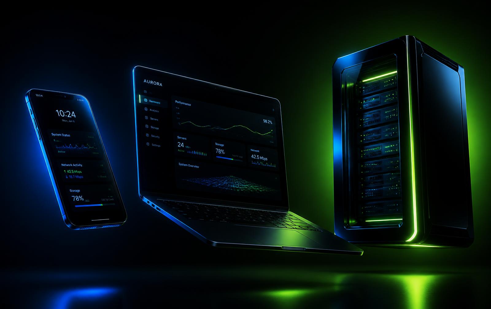 Celular, notebook e servidor em composição 3D com iluminação azul e verde