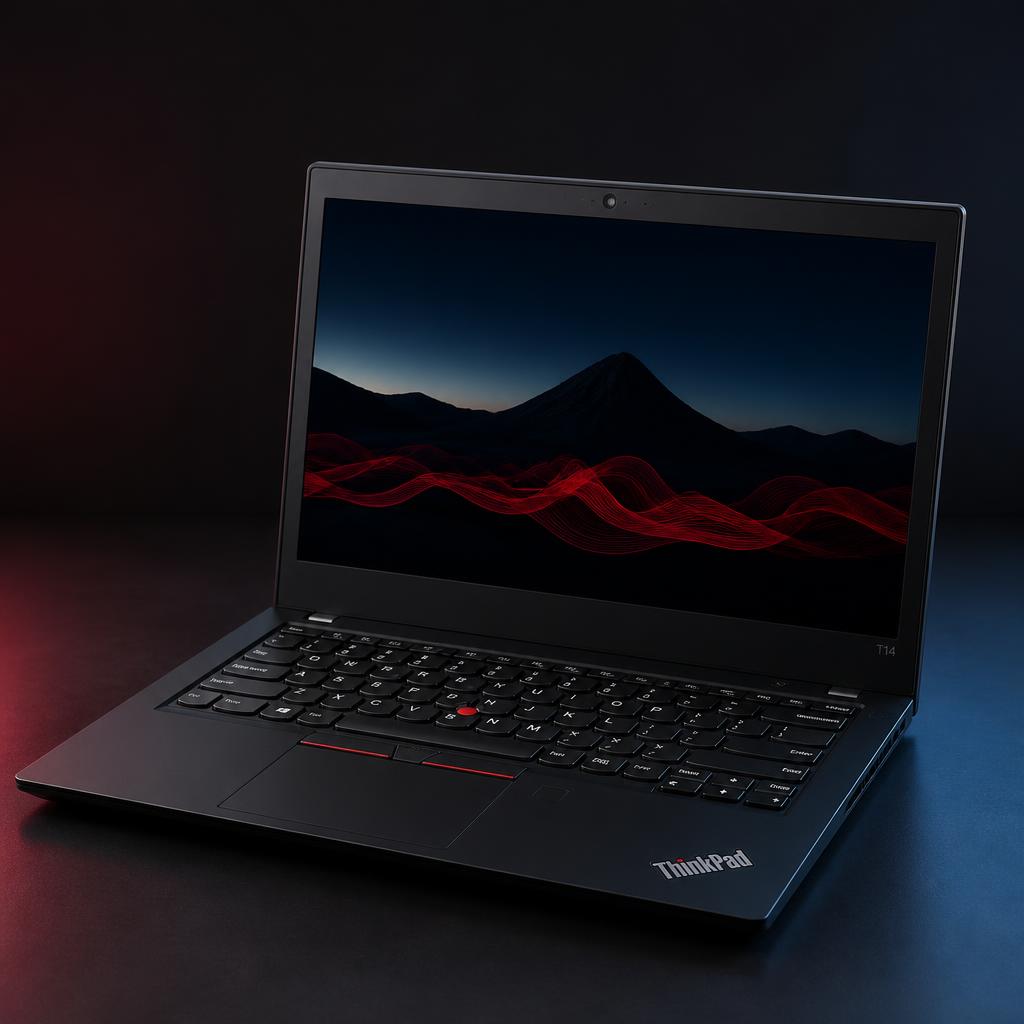 Notebook ThinkPad preto aberto em fundo escuro