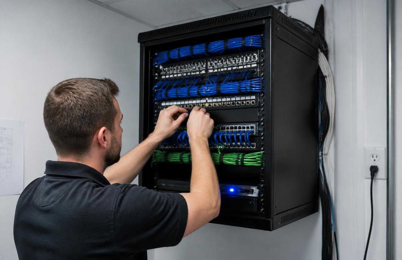 Técnico conectando cabos de rede em rack organizado com patch panel e switch