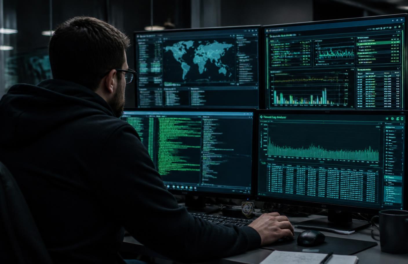 Analista revisando logs de firewall e painéis de segurança em vários monitores