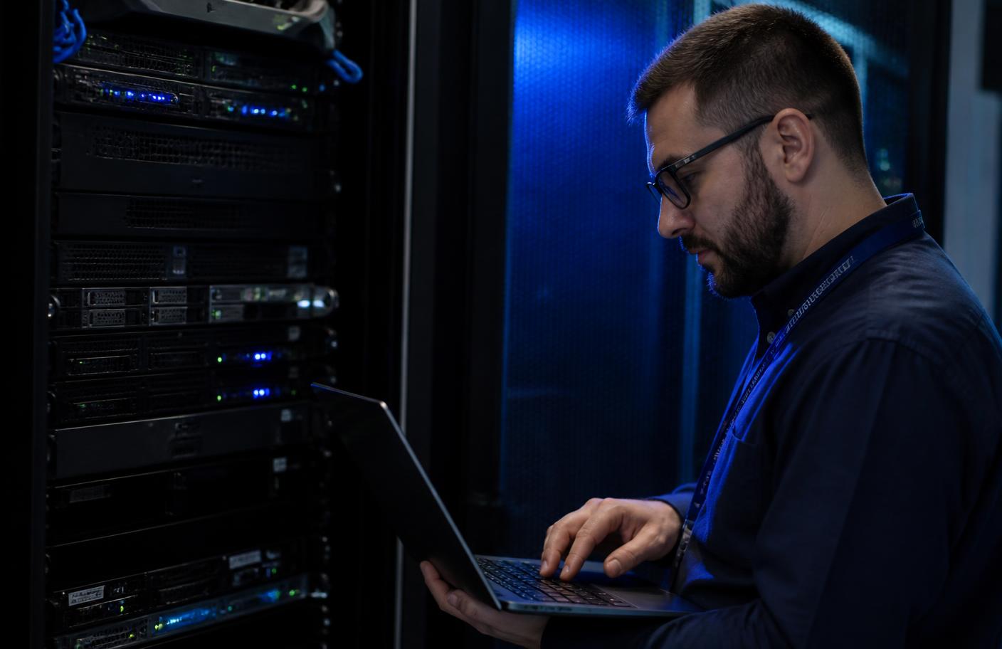 Consultor configurando servidor em rack com notebook em sala técnica
